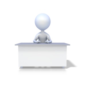 An image of a stick figure sitting at his desk.  A work, office or job concept.