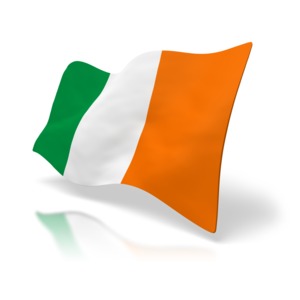 A 3D image of the national flag of Ireland.  This image is created at a perspective angle. 
