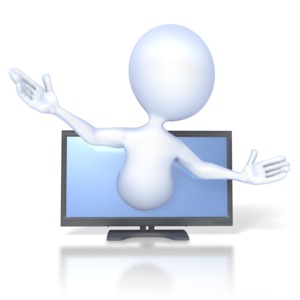 An image of a stick figure emerging from a computer monitor.  The figure has his arm wide open in a welcoming pose.