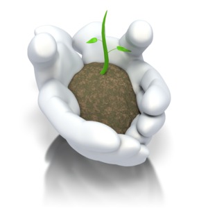 This clipart image shows hands holding some dirt with a green plant sprouting out of it.  This graphic could be used in a presentation about environmental friendly awareness,  business growth and education. 