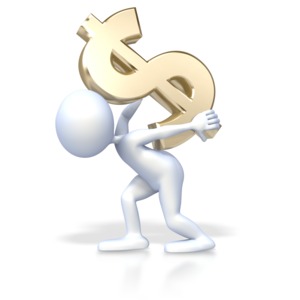 An image of a person carrying a large gold dollar sign on his back. This could be used as a metaphor for debt or other monetary burden.
