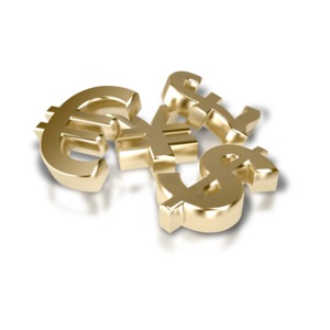 An image of a pile of gold dollar sign, euro symbol, yen and British pound.  A concept of a global economy or world currencies.