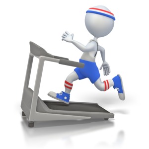 This clipart image shows a stick figure getting in shape on a treadmill.  This graphic could be used in presentations about health, sports medicine, fitness and training.