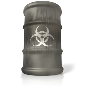 An image on a single steel drum or barrel with a bio-hazard symbol on its side.
