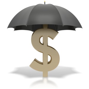 An image of a dollar sign under a black umbrella. This graphic represents protecting your investment with insurance.