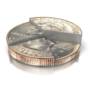 This clipart image shows a United States quarter broken into for sections forming a pie chart.  This graphic could be used in presentations about business, finance, money and investing. 
