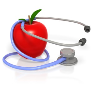 This clipart image shows a stethoscope wrapping around an apple.