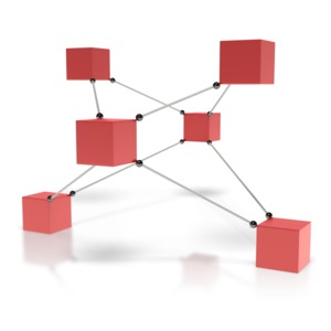 This clipart image shows six red boxes connected by lines.  This graphic could be used in presentations about networking, networks, working together, and communication. 