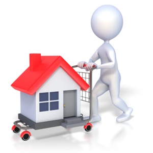 An image of a 3D figure pushing a shopping cart with a house on it.  A concept image of house shopping or real estate.