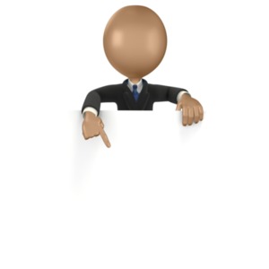 This clipart image shows a stick figure in a suit pointing at a blank sign.