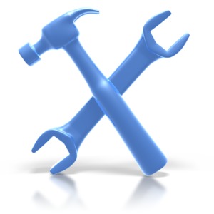 This clipart image shows a hammer and a wrench making an X shape.  This graphic could be used in a presentation about troubleshooting.
