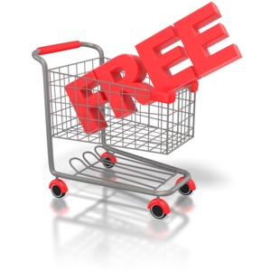 This clipart image shows a shopping cart with a the text free inside.  This could be used to make a point about sales, free giveaways, and contests.