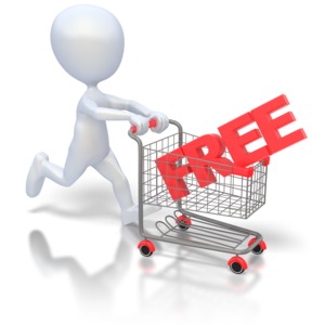 This clipart image shows a stick figure pushing a shopping cart with a the text free inside.  This could be used to make a point about sales, free giveaways, and contests.