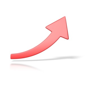 A 3D image of a single red arrow indicating an upward trend or a rising value.