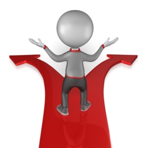 An image of a 3D figure standing at a fork in the road trying to make a decision on which path to follow.  A concept of choice or decision making. 
