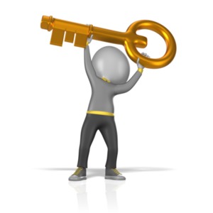 A image of a gold key held up by a 3D figure.  A concept of finding a solution or the secret to a problem skintone