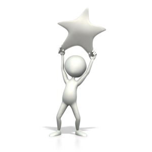 a character holds a silver star high above its head in this clipart.