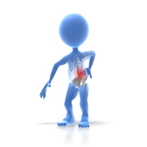 This clipart image shows a x ray stick figure with a red spot indicating a injured back.  This graphic could be used in presentations about sports medicine, medical, and treatments.