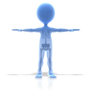This clipart image shows a x ray of a stick figures skeleton.   This graphic could be used in presentations about sports medicine, medical, and treatments.