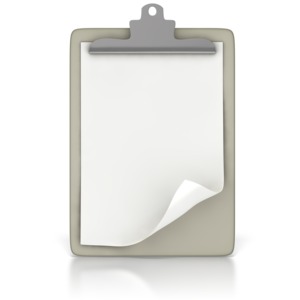 This clipart image shows a clipboard with a blank white piece of paper.  This graphic could be used in presentations about medical, sports, education, and science. 