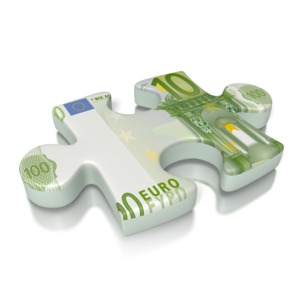 An image of a puzzle piece made from an 100 euro note. This is a 3D generated image.