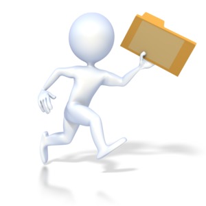A image of a 3D figure running with a file folder.  A concept of file delivery or transfer.  A busy office concept.