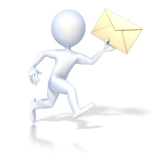 An image of a 3D figure delivering a letter, message or email.  A communications concept.