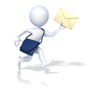 An image of a 3D figure with a blue mailbag running with a message.  This is a communications concept of mail delivery or email or the post office.