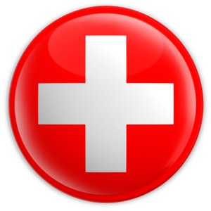 An image of the Switzerland&#039;s flag on a badge.