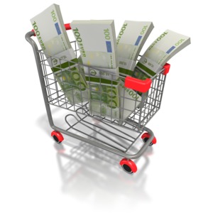 This clipart image shows 100 euro currency loading in a shopping cart.
