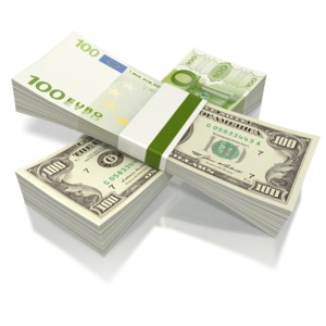This clipart image shows the US dollar and the euro merged into the same bills.  