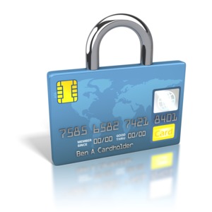 An image of a credit card with the top of a padlock on top.
