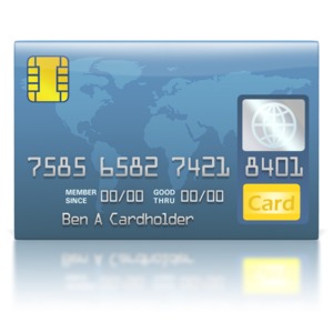 An image of a blue credit card standing upright.