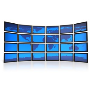 This cliaprt image shows television screens with the map of the world displayed on them.