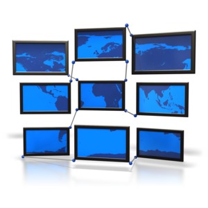This clipart image shows connected screens displaying the world map.