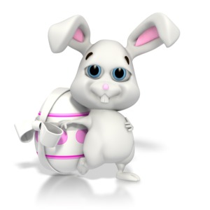 This clipart image shows the Easter Bunny leaning up against an painted egg with a ribbon on it.  This graphic could be added to any presentation to celebrate in the Easter holiday.