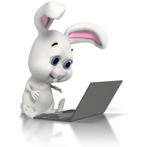 This clipart image shows an Easter bunny working at a laptop computer.  This graphic could be used in presentations to celebrate the Easter holiday.