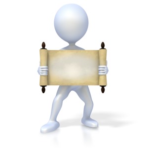 An image of a 3D figure holding open and old scroll.  The scroll is blank and has room for you to add your own text.
