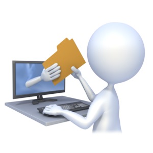 An image of a file being transferred or downloaded from a computer.  An arm extending from a computer monitor hands a file folder to the computer user.