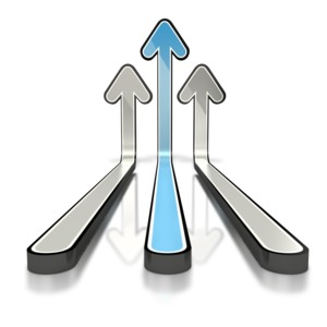 An image of a blue arrow leading two grey arrows moving up.