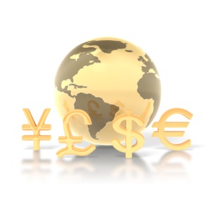 A golden earth is surrounded by currency symbols from around the world.  Image features the Japanese yen, the US dollar, the British pound and the European Union euro.
