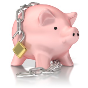 This clipart image shows a piggy back with and unlock chain around it.  This could be used in presentations about finances and money. 