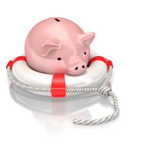 This concept clipart shows a piggy back being rescued by a life saver.  This graphic could be used in presentations about fiances, banks, savings, and loans. 
