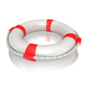 This clipart image shows a white and red life preserver with a white rope around it.