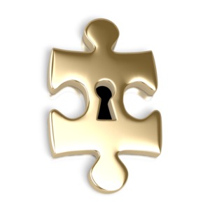 An image of a gold puzzle piece with a key hole in the center.