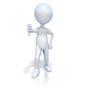 A 3D image of a stick figure giving a thumbs down sign.  A symbol of a bad review, a disagreement, or rejection.