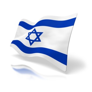 The nation flag of Israel.  A 3D rendered image at a perspective angle