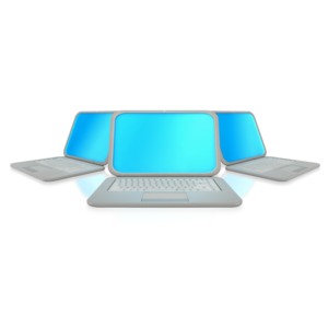 This clipart image show three laptop computers.  This graphic could be used in presentations about social media, internet, technology, e-business.