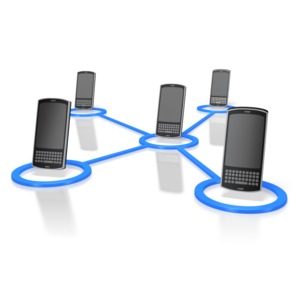 This clipart image shows a group of fire cell phones connected through a network.