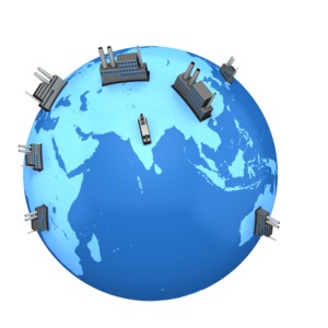This clipart image shows the world with factories set on various continents. 